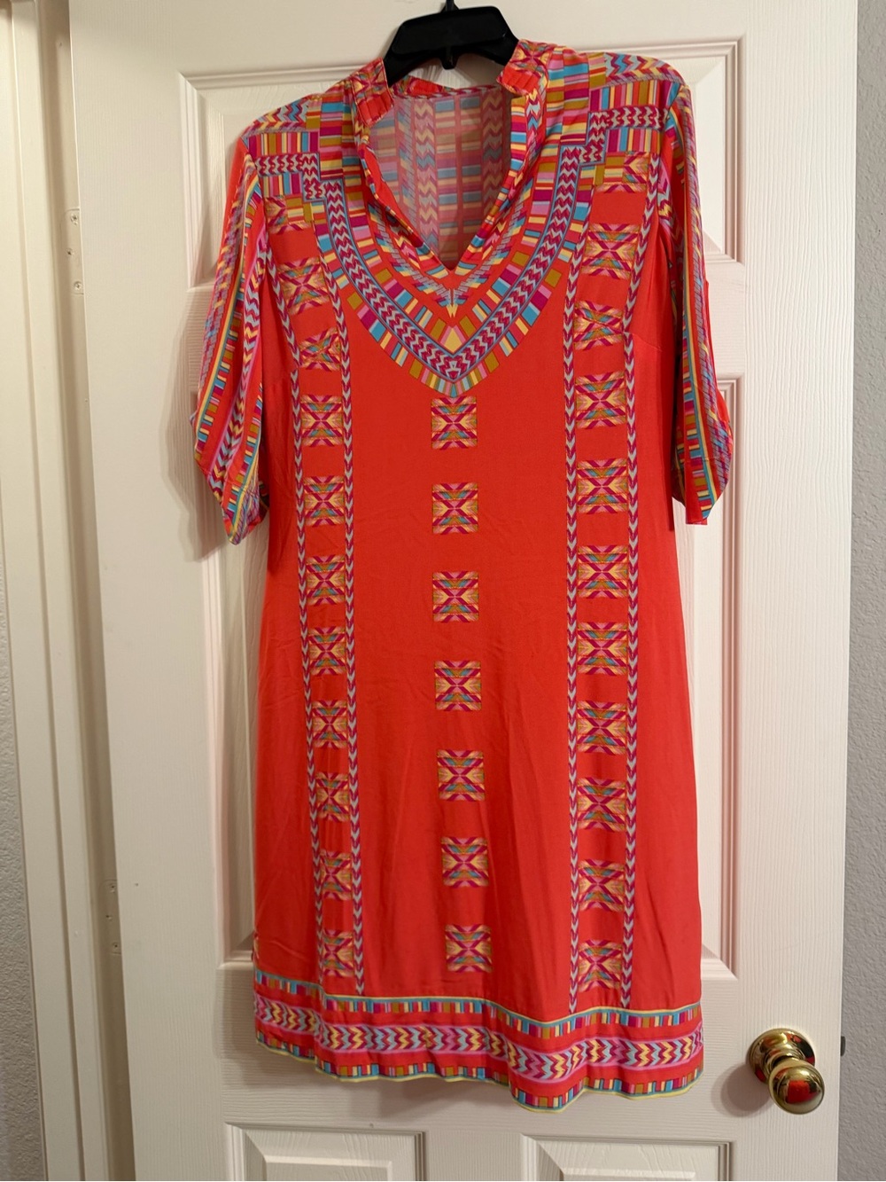Vibrant Coral Multicolor Geometric V-Neck Shoft Dress